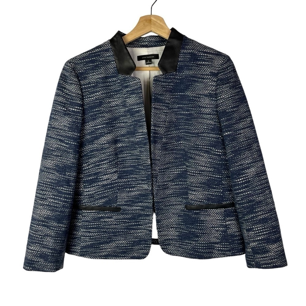 Ann Taylor Navy Blue Tweed Faux Leather Blazer Jacket 8